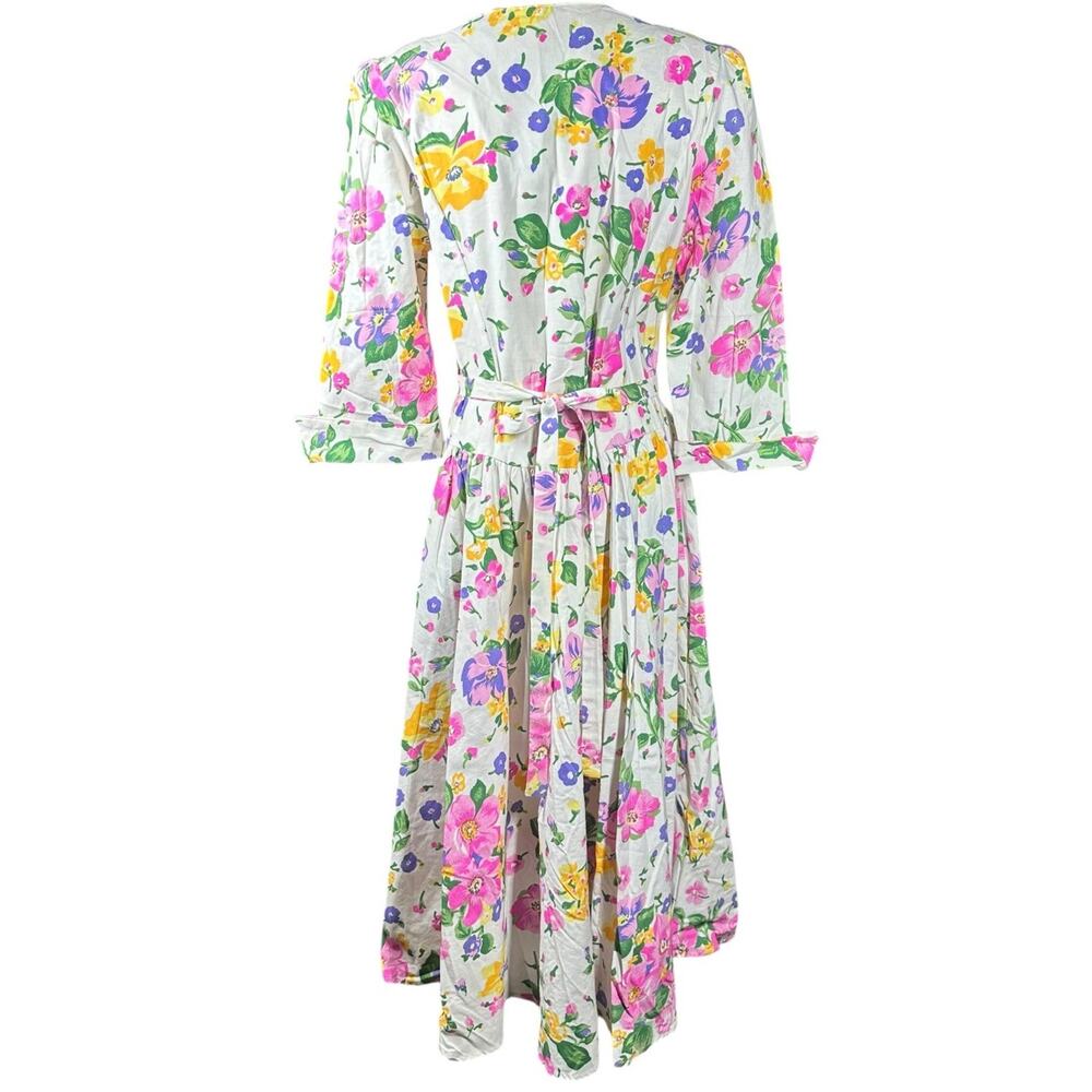 Vtg 80s Cottagecore White Pink Floral Midi Dress Drop Waist Shoulder Pads Sz 12 - Picture 7 of 11